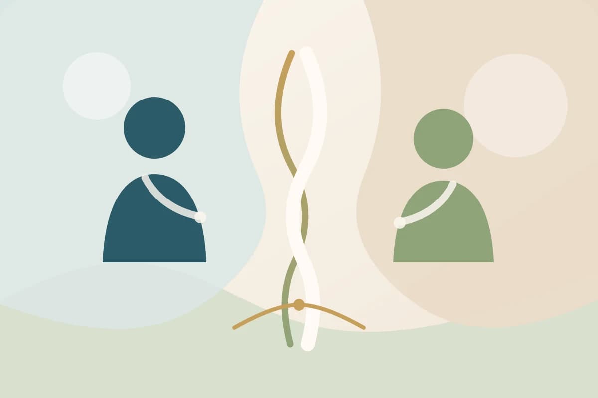 Deux silhouettes séparées par une limite souple, illustration de la juste distance dans les relations